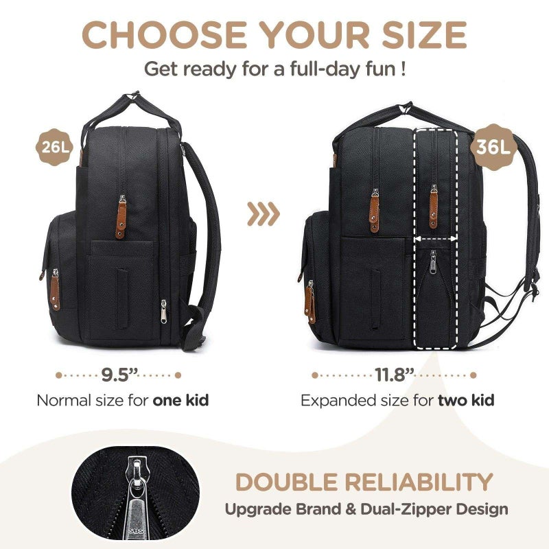 Qualyphant Large Diaper Bag Backpack for Two Kids Twins - Expandable Baby Bag (26-36L), Dual Big Compartments - Includes Changing Pad & Stroller Straps, Unisex Black - Image 2